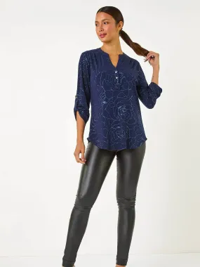 Blue Roman Grey Metallic Linear Floral Stretch Blouses