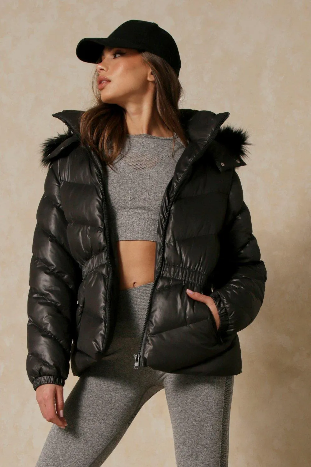 Jackets & Coats | Gathered Waist Faux Fur Hooded Puffer Coat | MissPap