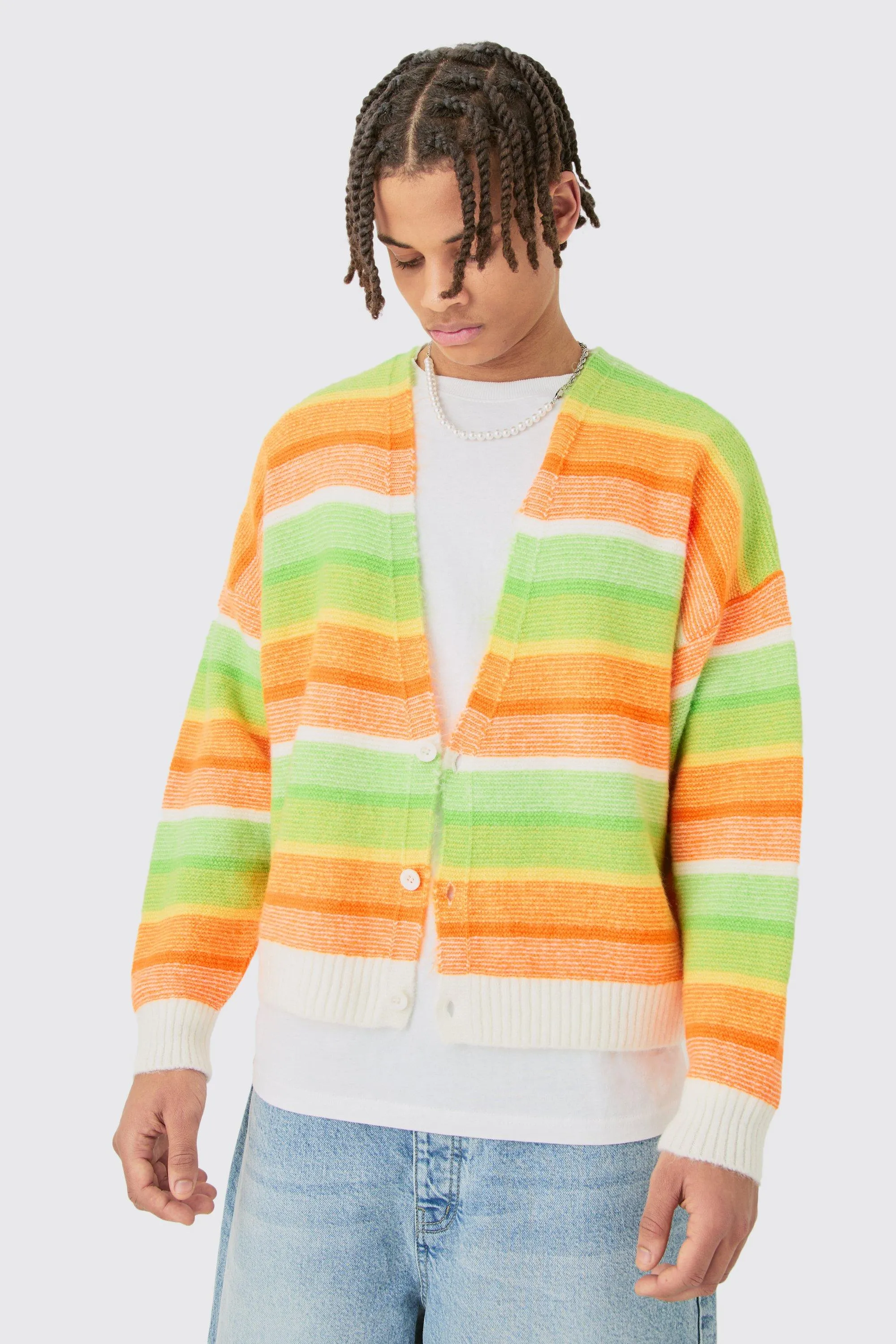 Jumpers & Cardigans | Boxy Brushed Striped Cardigan In Orange | boohooMAN