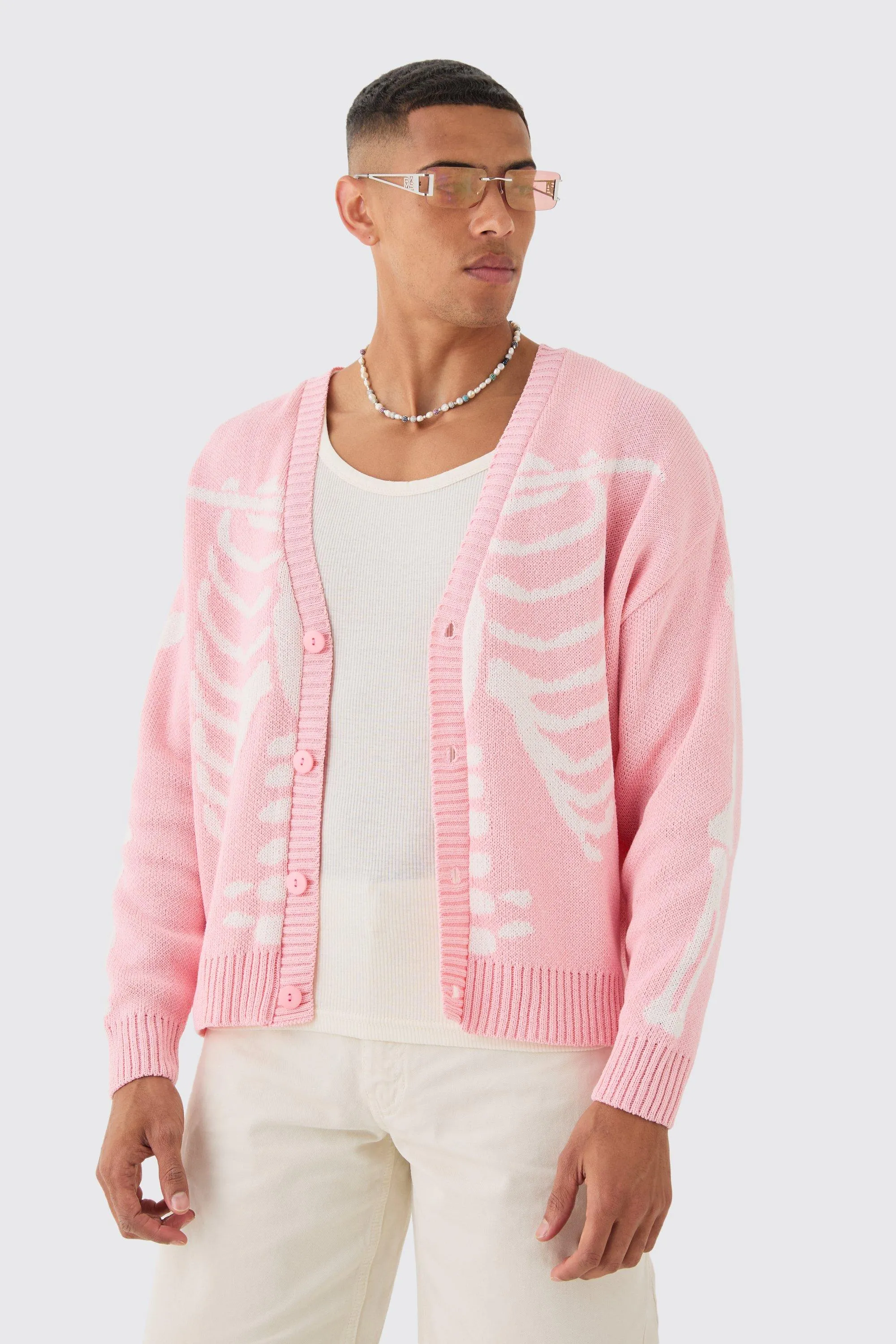 Jumpers & Cardigans | Boxy Oversized Skeleton Cardigan | boohooMAN