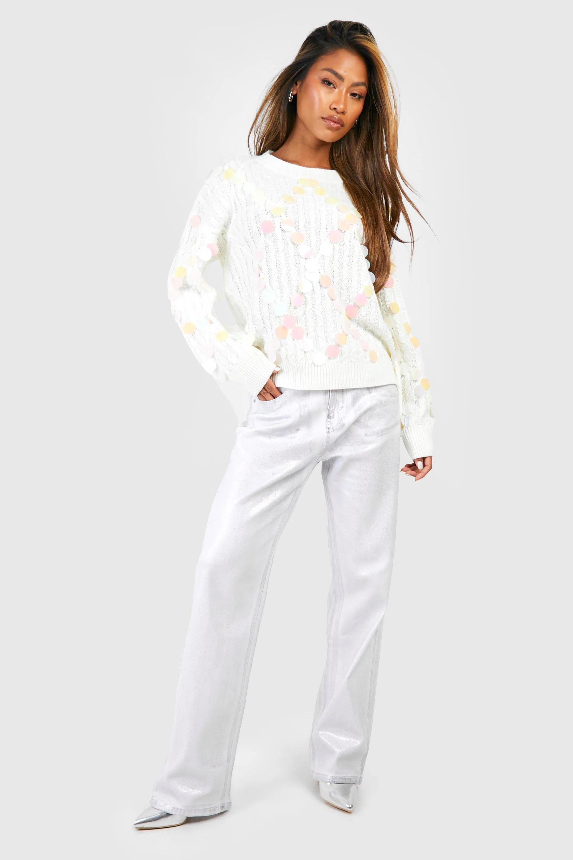 Jumpers & Cardigans | Disc Sequin Cable Kniy Jumper | boohoo
