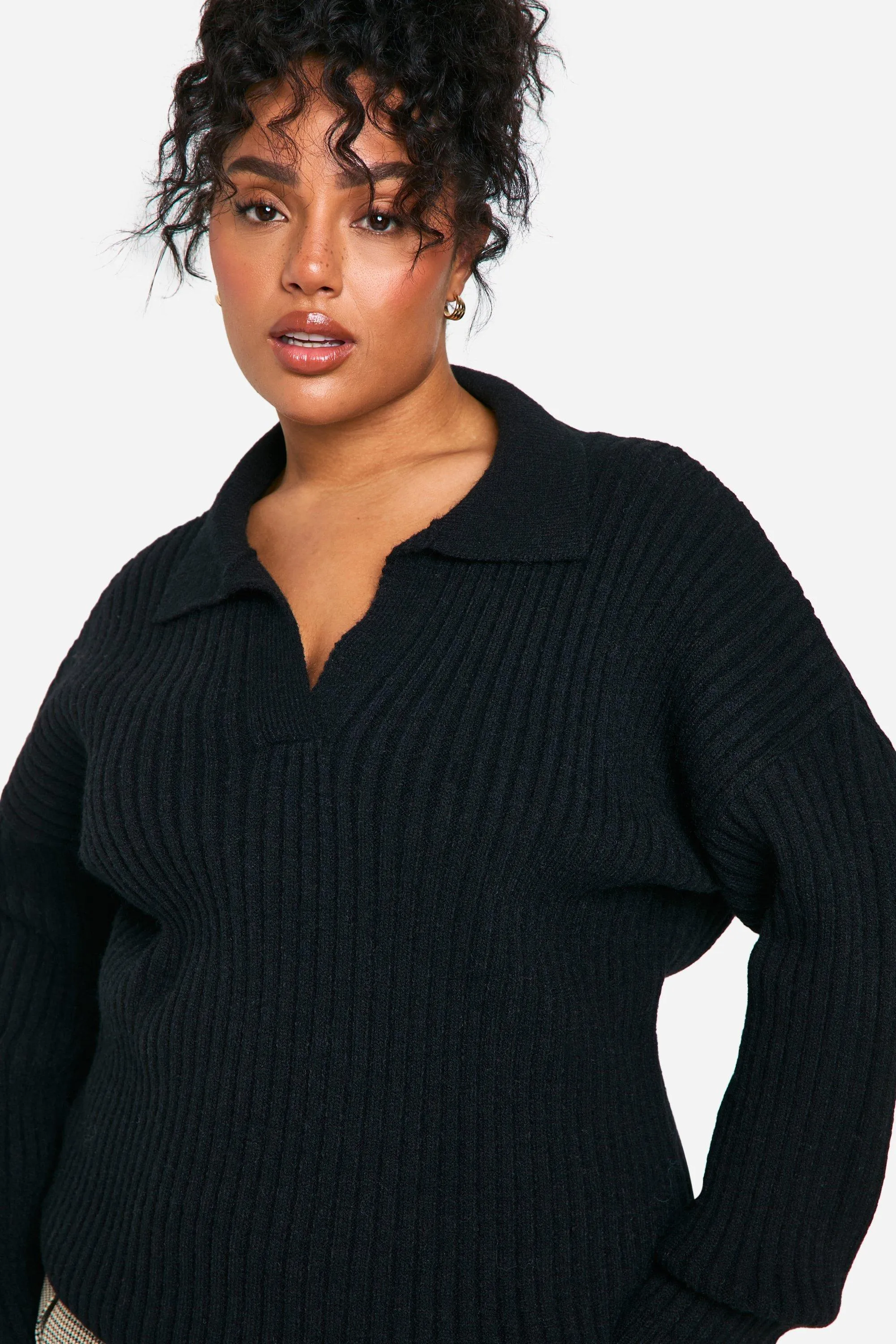 Jumpers & Cardigans | Plus Soft Wide Rib Knit Collared Jumper | boohoo
