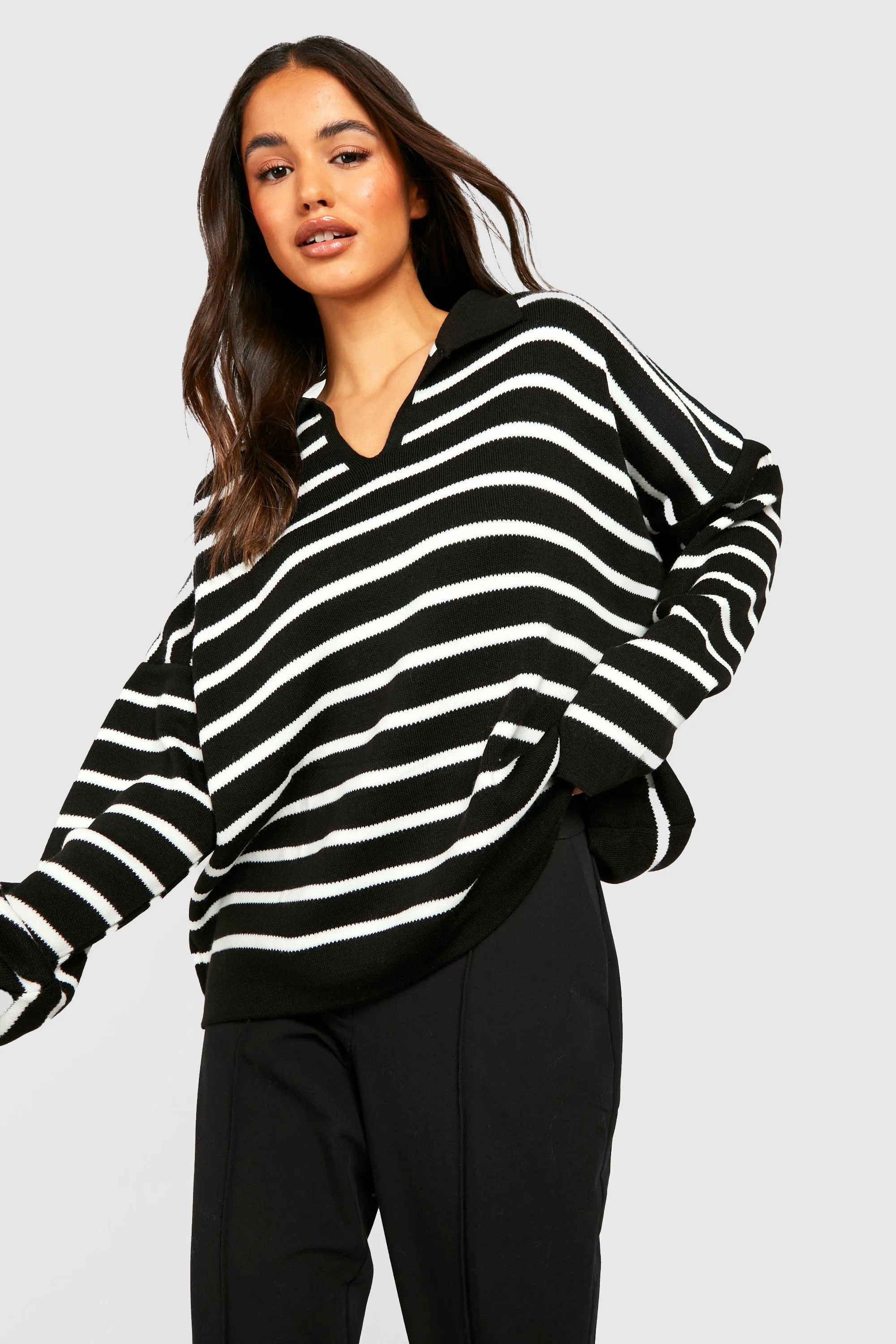 Jumpers & Cardigans | Stripe Polo Collar Knitted Jumper | boohoo
