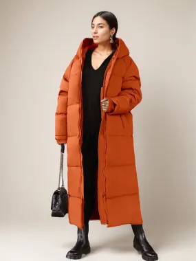Long Puffer Coats Orange Hooded Winter Full Length Coat For Women