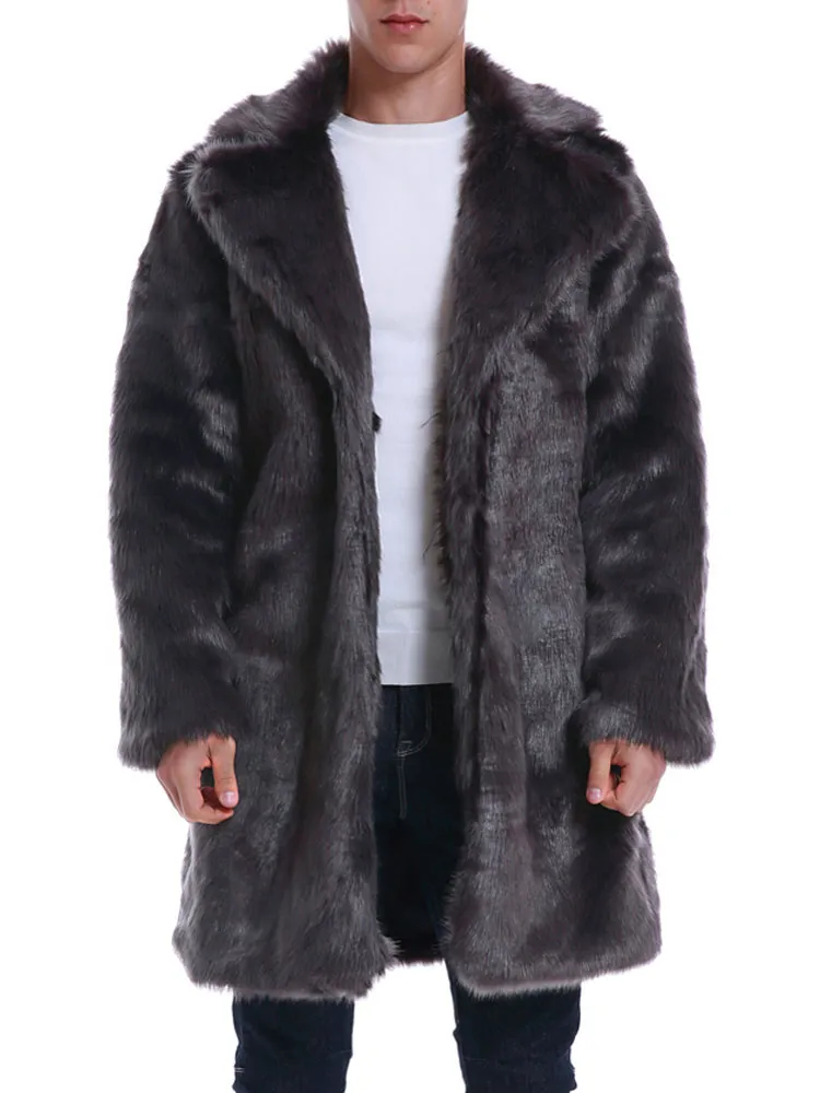 Men's Faux Fur Coats Turndown Collar Deep Gray Winter Overcoat