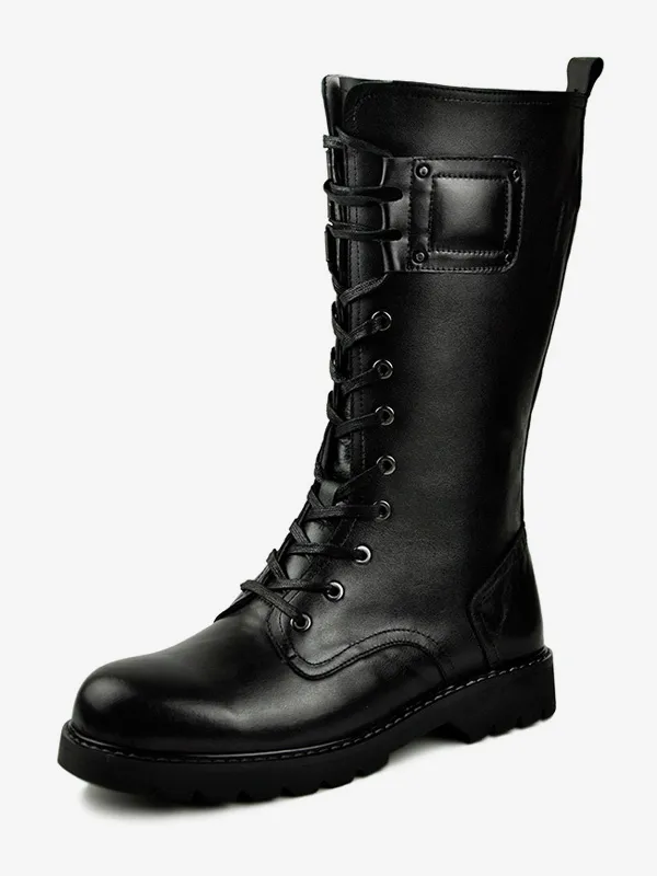 Men's Knee High Boots Shoes Work Lace Up Boots Cowhide Classic Black Boots