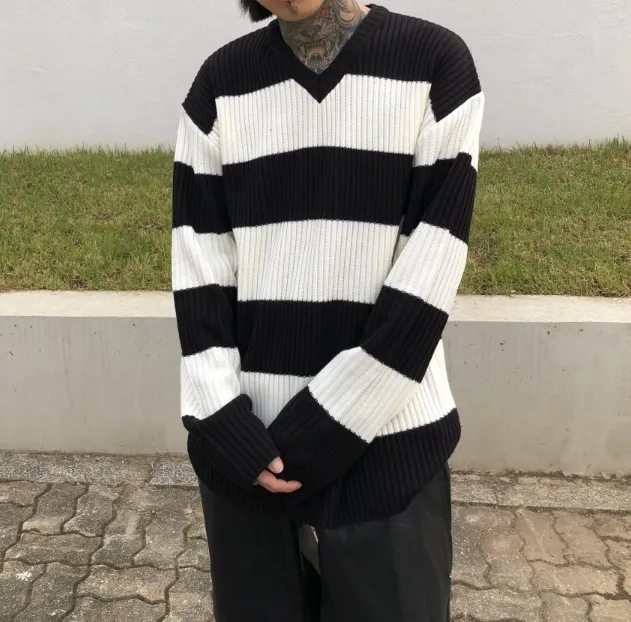 RASHOMONG  |Stripes Unisex Street Style V-Neck Long Sleeves Sweaters