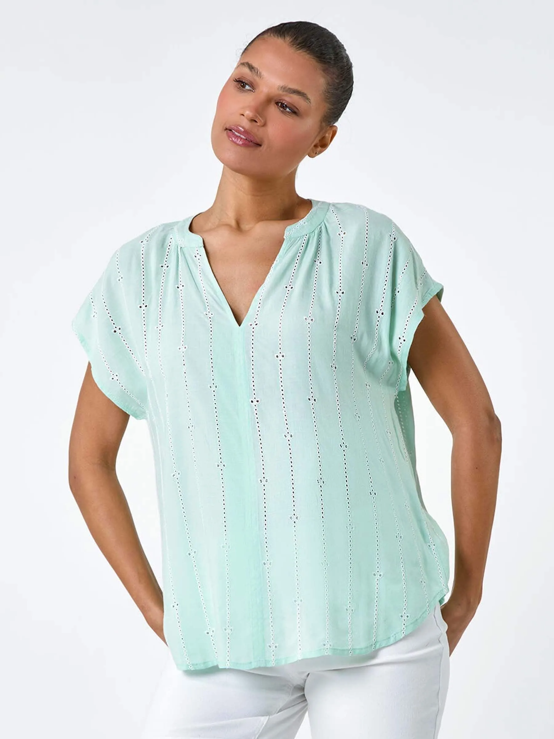 Roman Green Embroidered Stripe Notch Blouses