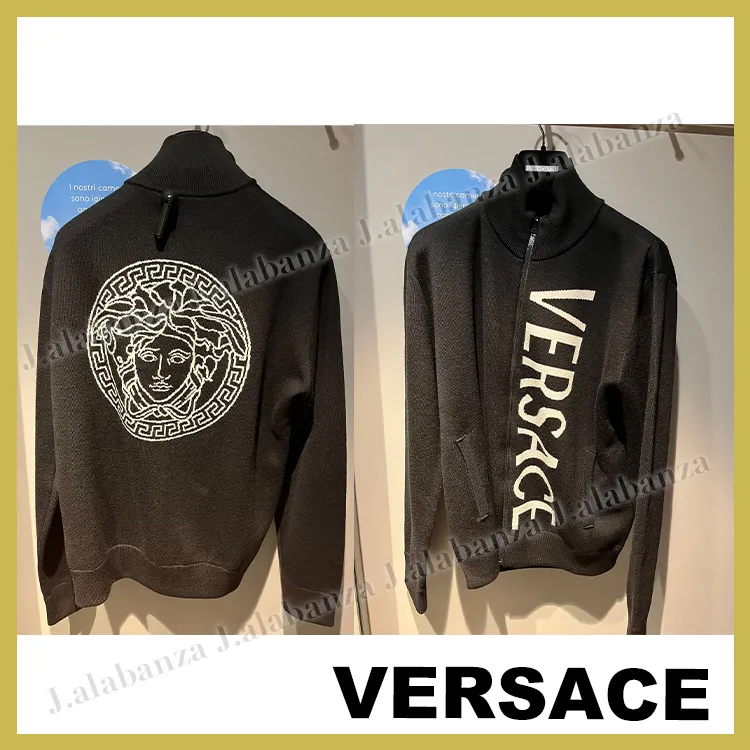 VERSACE  |Long Sleeves Plain Logo Luxury Outlet Sweaters